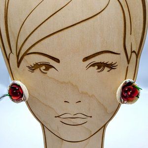 Vintage Genuine Seashell Earrings, Mid Century Romantic Rose and AB Crystal